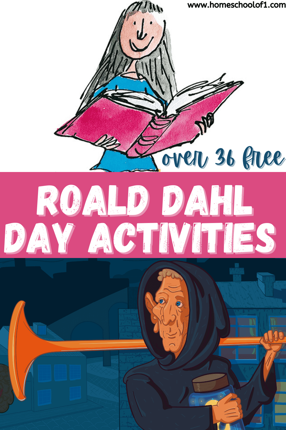 Colorful illustrated poster featuring Roald Dahl characters promoting "Over 36 Free Roald Dahl Day Activities." The top half shows a smiling girl reading a large pink book, and the bottom half depicts a mysterious hooded figure holding a long trumpet-like horn and a jar, set against a nighttime city backdrop. The design is vibrant and whimsical, reflecting the imaginative style of Roald Dahl’s stories.
