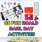 Vertical image with Roald Dahl-themed worksheets, bookmarks, book cover, and cut-out characters for fun kids' activities.