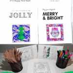 Coloring supplies beside printable Christmas cards with intricate festive illustrations, designed for teens and adults.