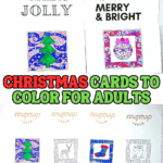 Hand-colored printable Christmas cards with detailed designs like a Christmas tree and ornament, perfect for adults to color.