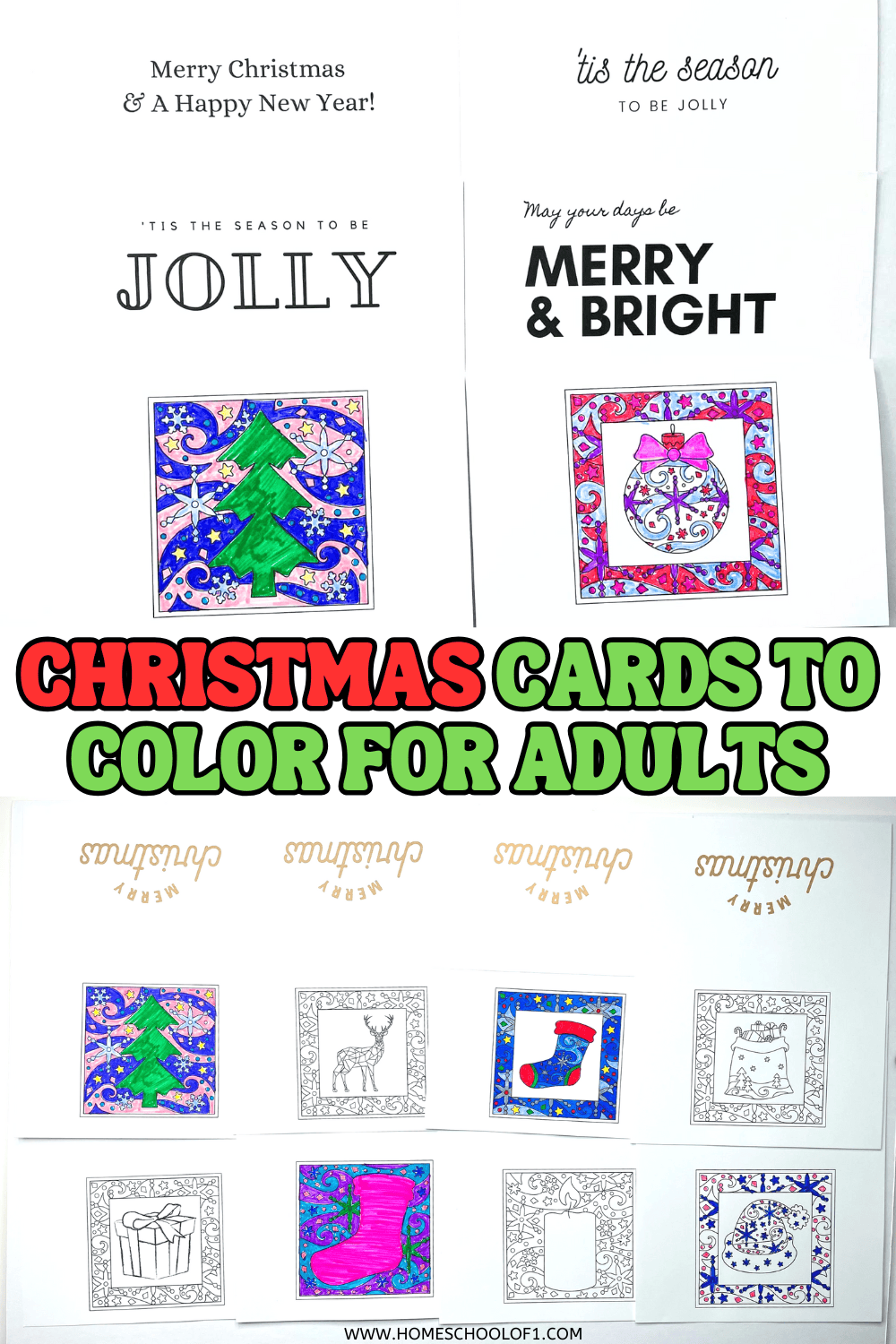 Hand-colored printable Christmas cards with detailed designs like a Christmas tree and ornament, perfect for adults to color.

