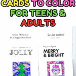 Collection of Christmas cards with detailed coloring designs laid out with marker pens, ideal for teens and adults.