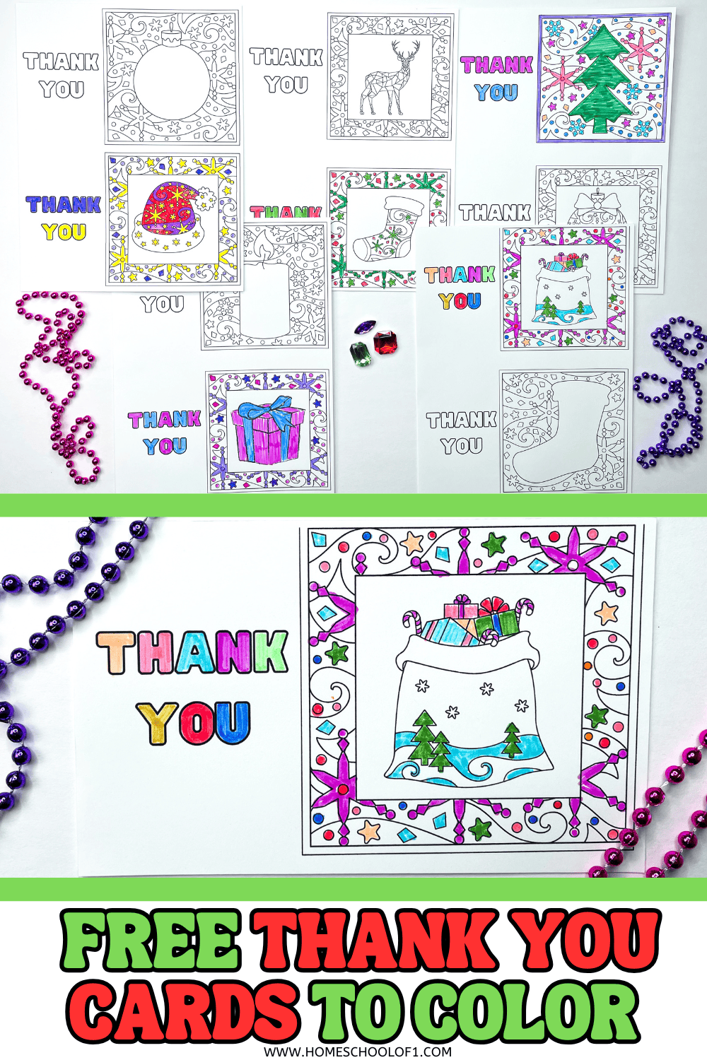 Flat lay of 10 printable Christmas thank you cards for kids to color, with festive designs like Santa hat, tree, gift, and stocking.

