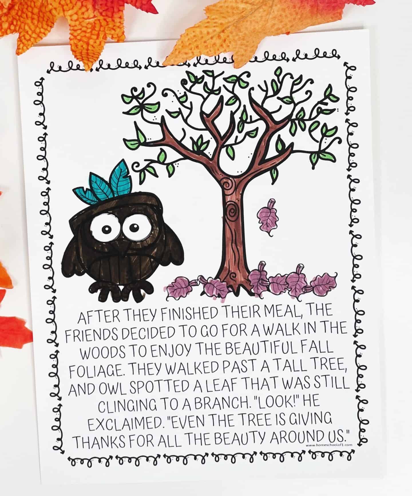 A completed Thanksgiving coloring page featuring a cartoon owl beside a tall tree with autumn leaves on the ground. The text below tells a story about the owl admiring the beauty of fall foliage and reflecting on gratitude: “Even the tree is giving thanks for all the beauty around us.” Decorative fall leaves frame the top of the scene.