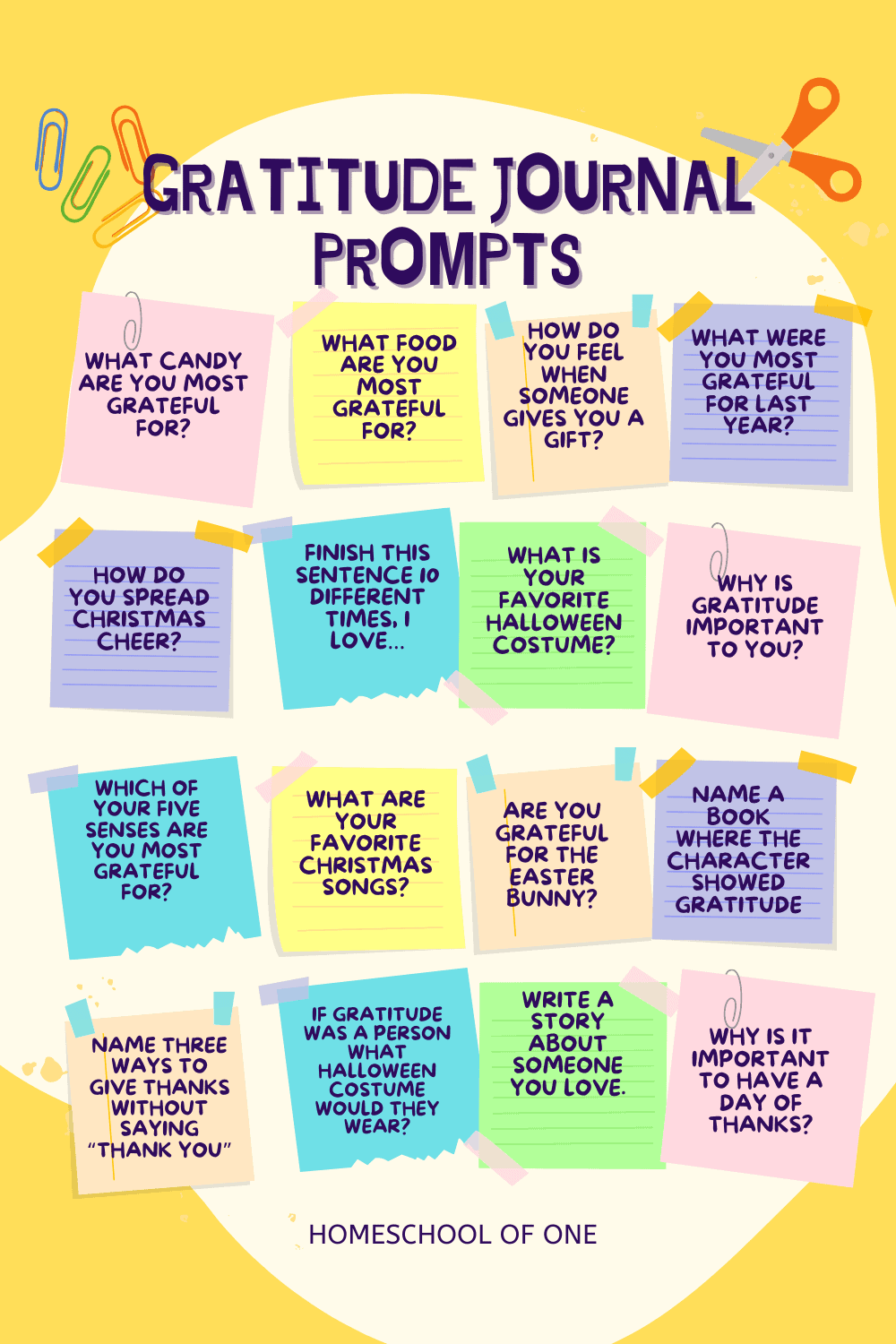 Over 40 gratitude journal prompts for kids. Encourage thanks all year round with ideas for Halloween, Thanksgiving, Christmas, New Years, Valentines, Easter and Summer. #gratitude #journalprompts #writingprompts