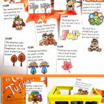 Printable Thanksgiving scavenger hunt clue cards arranged on orange fall leaves with playful Thanksgiving clipart.