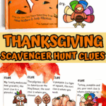 Thanksgiving scavenger hunt clue placed on a children's book and hidden in a yellow toy bus, part of a printable game.