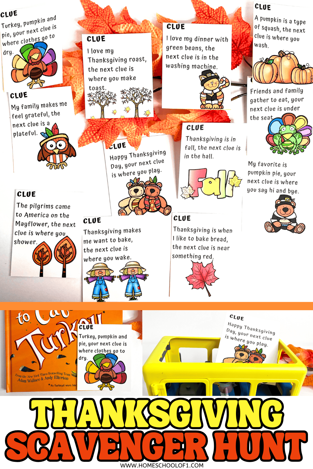 Printable Thanksgiving scavenger hunt clue cards arranged on orange fall leaves with playful Thanksgiving clipart.

