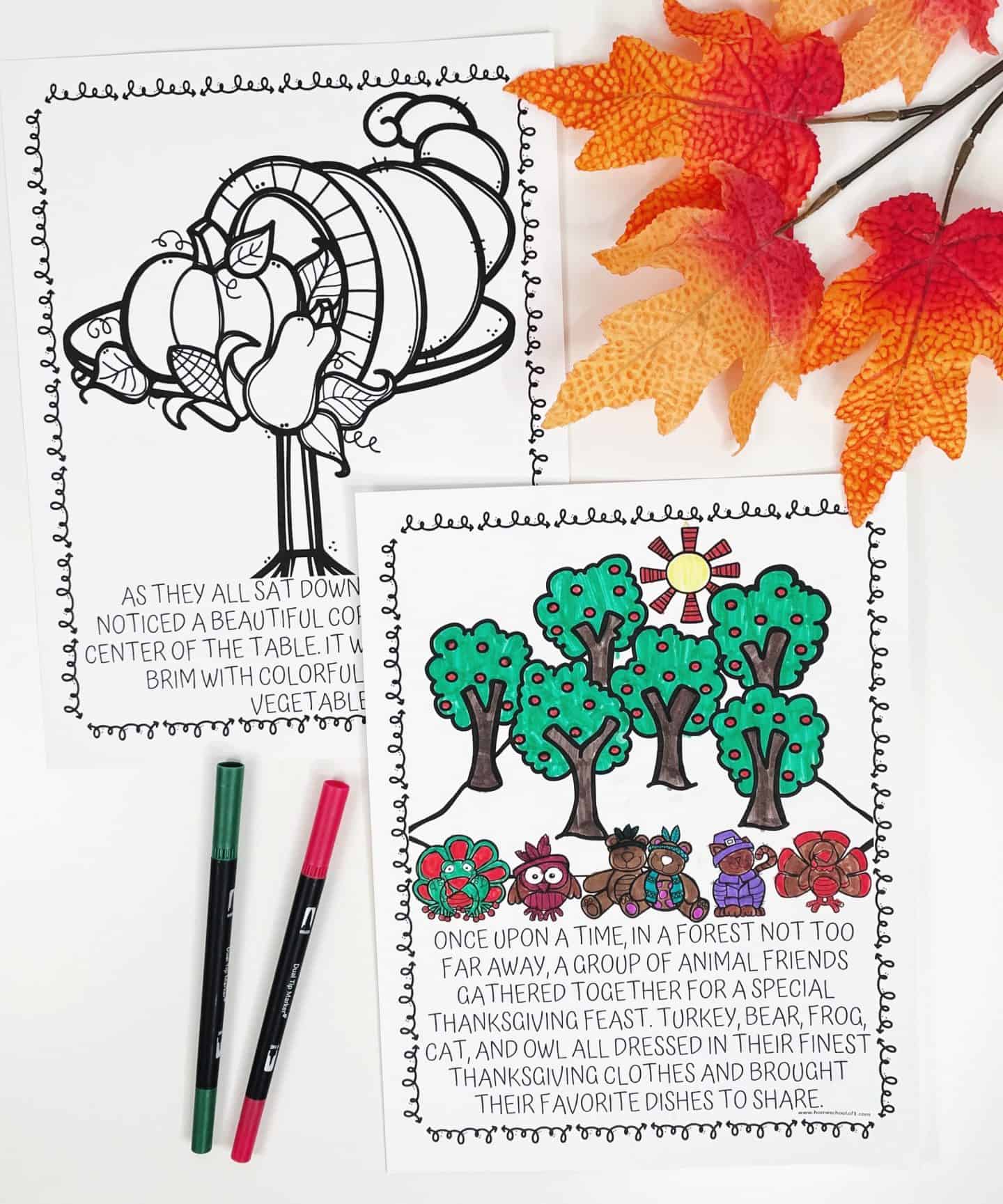 Two Thanksgiving coloring pages for kids, one partially colored and one still in black and white. The uncolored page features a large cornucopia centerpiece with a caption about it being filled with colorful vegetables. The colored page shows a forest scene with cartoon animals—an owl, turkey, cat, bear, frog, and more—gathered for a Thanksgiving feast, surrounded by trees and a sun. Red and green markers and fall leaves decorate the scene.