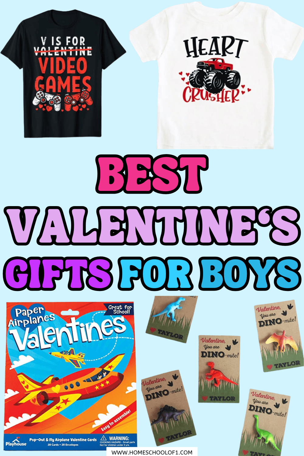 Valentine’s gifts for boys including graphic t-shirts, paper airplane valentines, and dinosaur Valentine cards