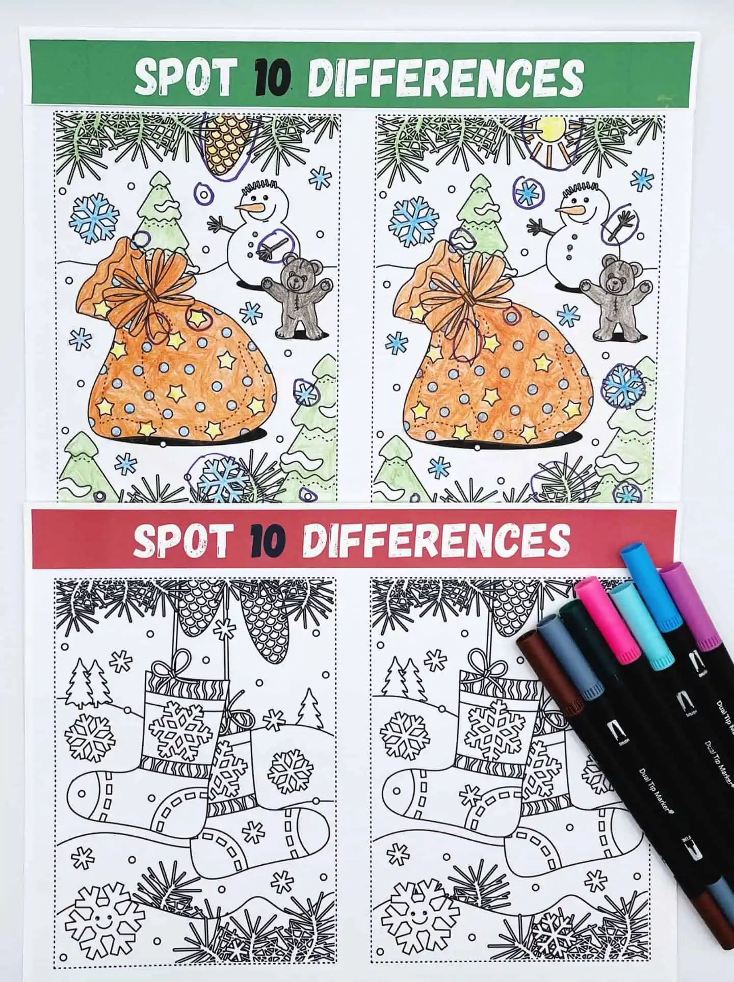 Christmas spot the difference coloring pages, snowman and stockings