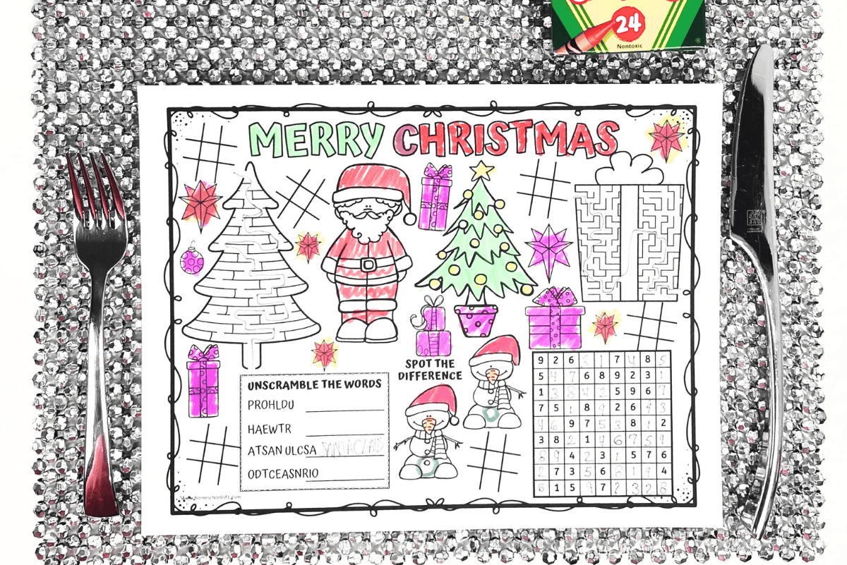 Printable Christmas placemat for kids featuring Santa, a Christmas tree, presents, coloring sections, a maze, sudoku puzzle, and word scramble. Ask ChatGPT