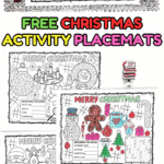 Christmas placemat on a silver place setting with coloring puzzles and Santa activity for kids
