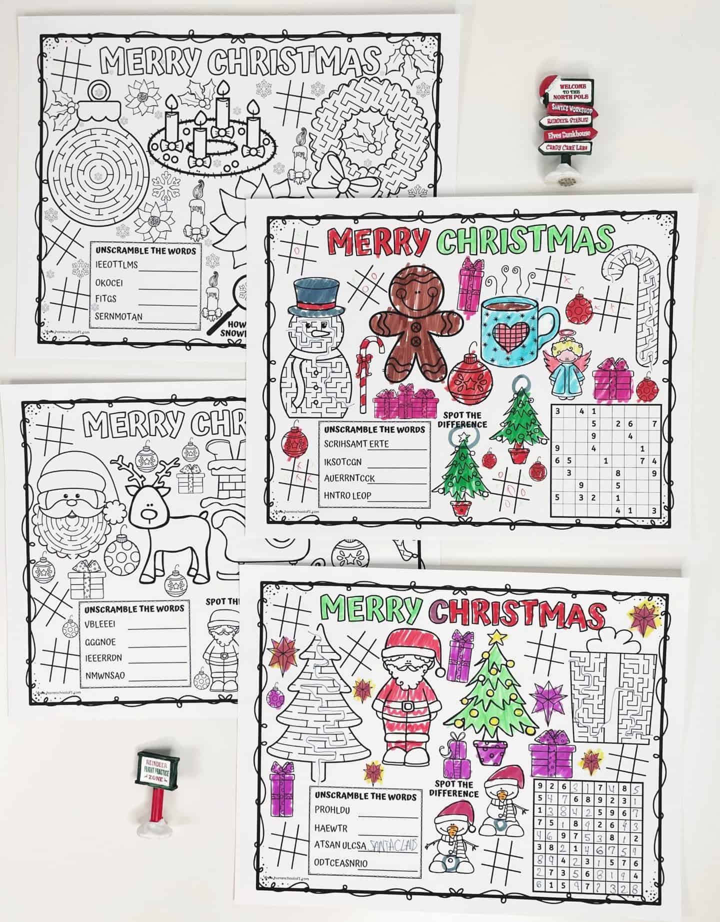 A collection of printable Christmas placemats featuring festive puzzles, coloring sections, and games like word scrambles, mazes, and spot-the-difference. Each page is partially colored with holiday elements like Santa, gingerbread men, reindeer, wreaths, and Christmas trees, set against a white background with playful fonts and doodle-style frames.

