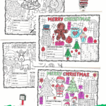 Set of free printable holiday placemats for kids with Christmas-themed games and coloring sections