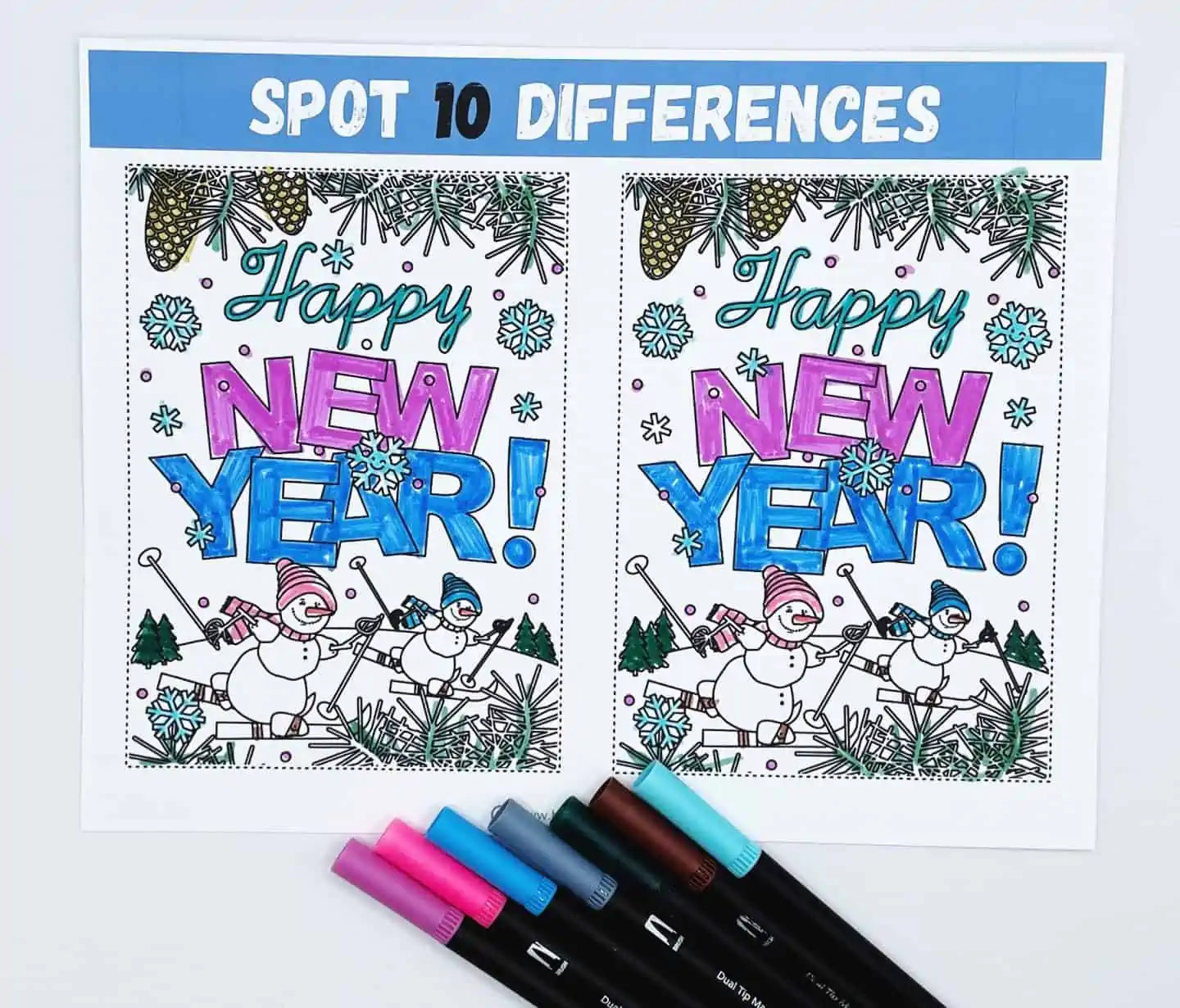 happy new year spot the difference and coloring page