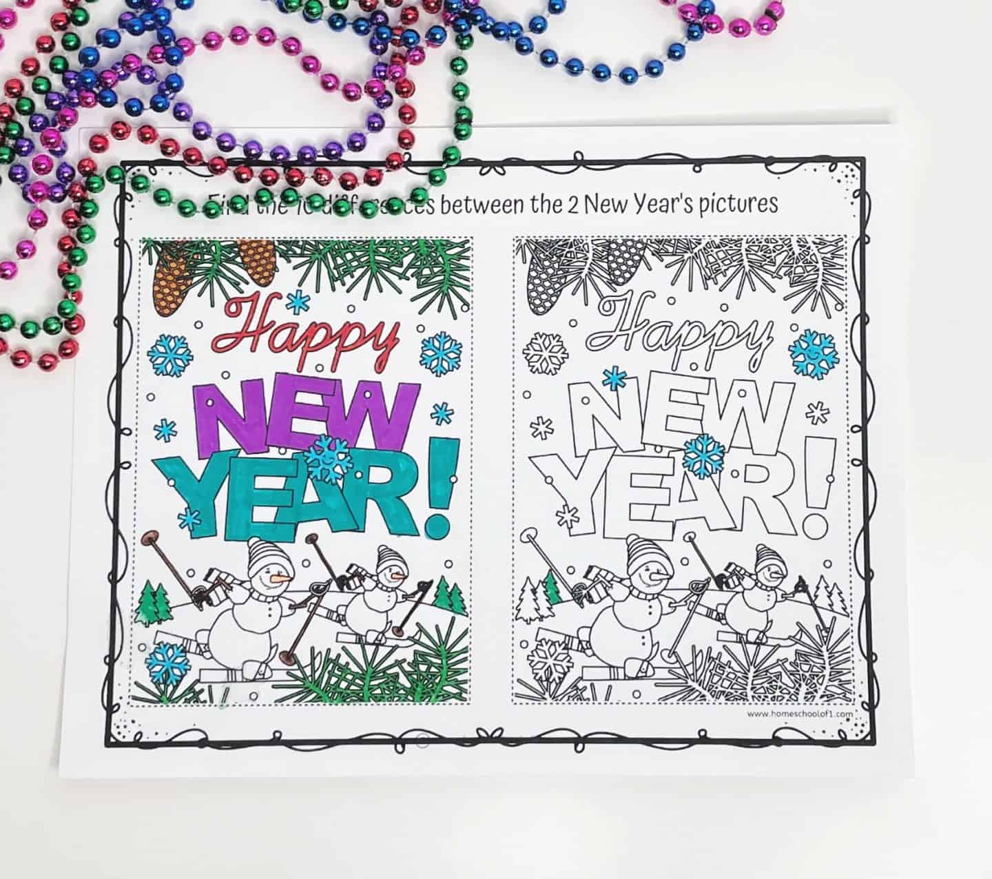 A New Year-themed spot-the-difference coloring page featuring two nearly identical illustrations of snowmen skiing beneath the words “Happy New Year!” in bold letters. The left image is brightly colored with purple, teal, red, and green, while the right image remains mostly uncolored. Colorful metallic beads in pink, purple, green, and blue are scattered above the page.