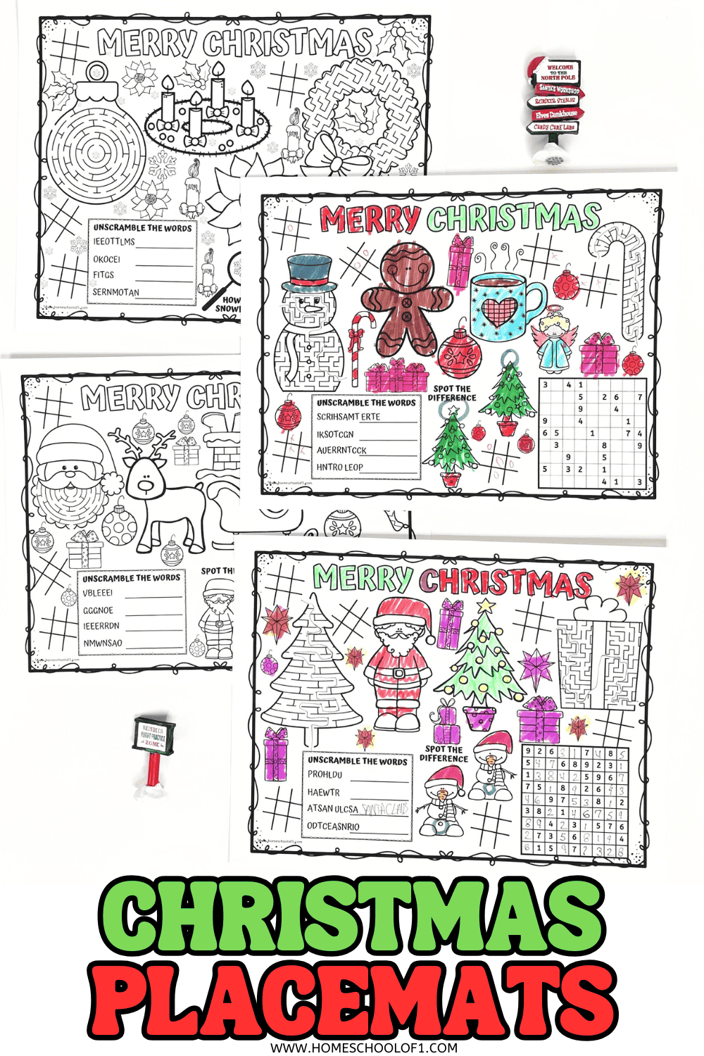 Four printable Christmas placemats with coloring activities, word scrambles, and mazes for kids

