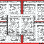 A collage of six black-and-white winter-themed “spot the difference” activity pages on a red background. Each printable features two similar festive illustrations, including stockings, snowmen, presents, mittens, and New Year’s scenes, with the instruction “Find the 10 differences between the 2 pictures” at the top of each page.