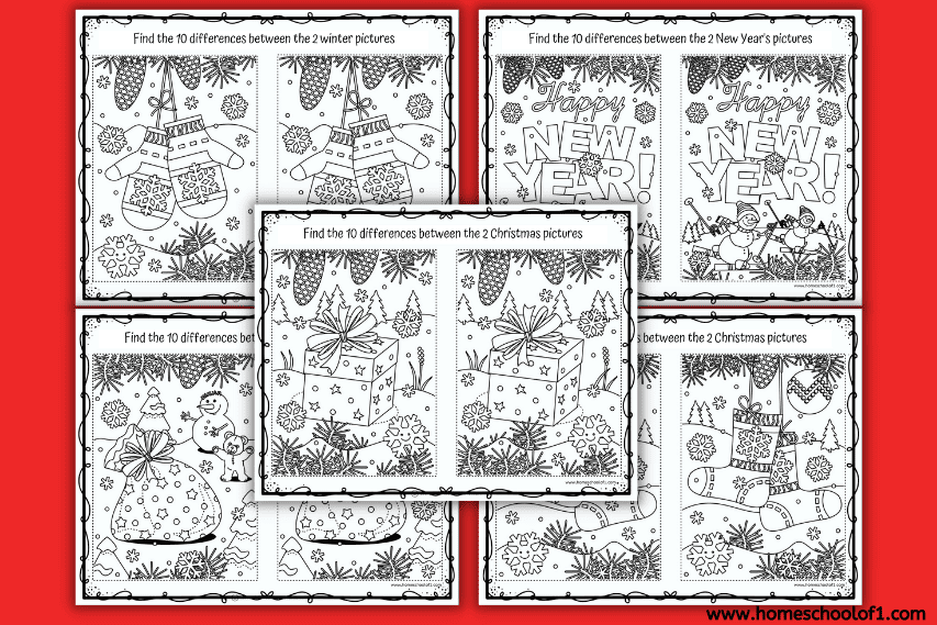 A collage of six black-and-white winter-themed “spot the difference” activity pages on a red background. Each printable features two similar festive illustrations, including stockings, snowmen, presents, mittens, and New Year’s scenes, with the instruction “Find the 10 differences between the 2 pictures” at the top of each page.