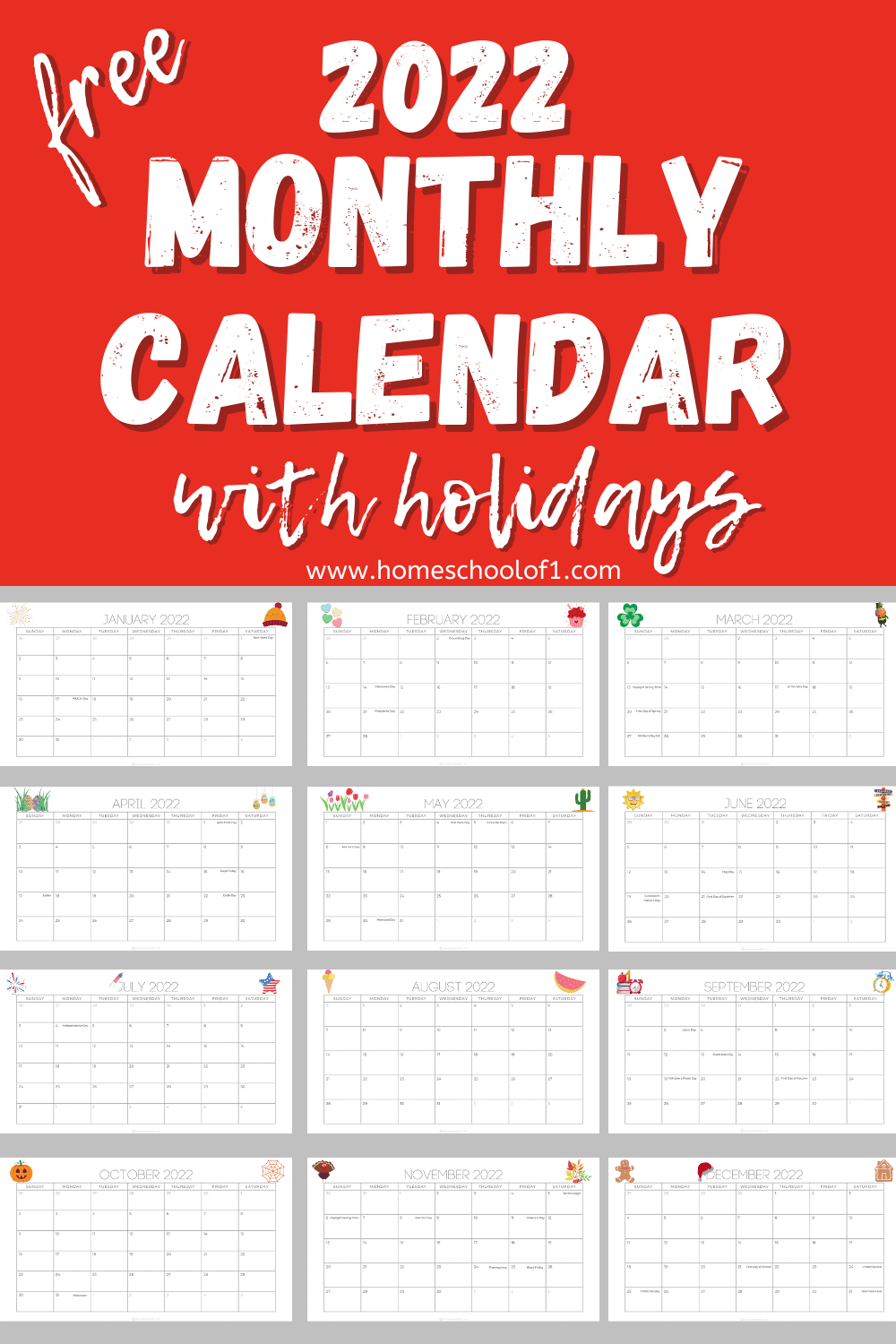 2022 Printable Monthly Calendar with Holidays