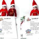 Two Elf on the Shelf dolls in holiday-themed outfits—one in a Miami Heat sweater and the other in a Gryffindor shirt—each holding a “Goodbye!” letter. Both letters thank the family for a fun time, explain the elf must leave, and promise to return next year, with a note saying a red X was placed on the roof for easy return. Festive silver snowflakes and red and green beads add a Christmas touch to the scene.