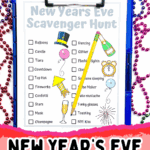 Free printable New Year’s Eve scavenger hunt checklist on clipboard with beads and pencil.