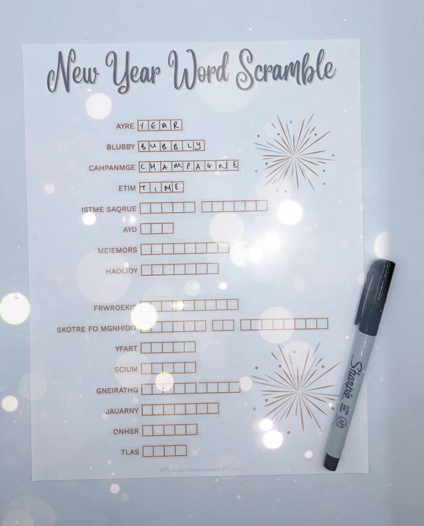 new years eve word scramble with answers