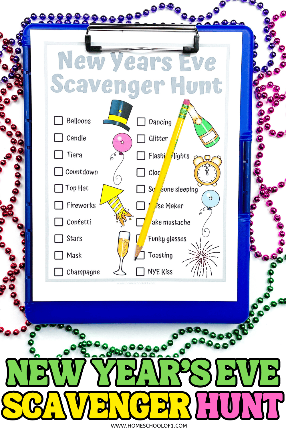Printable New Year’s Eve scavenger hunt list on clipboard with beads and pencil.