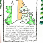 St Patrick’s Day coloring page showing a leprechaun pouring green paint in front of an Ireland map with a short story to read and color.