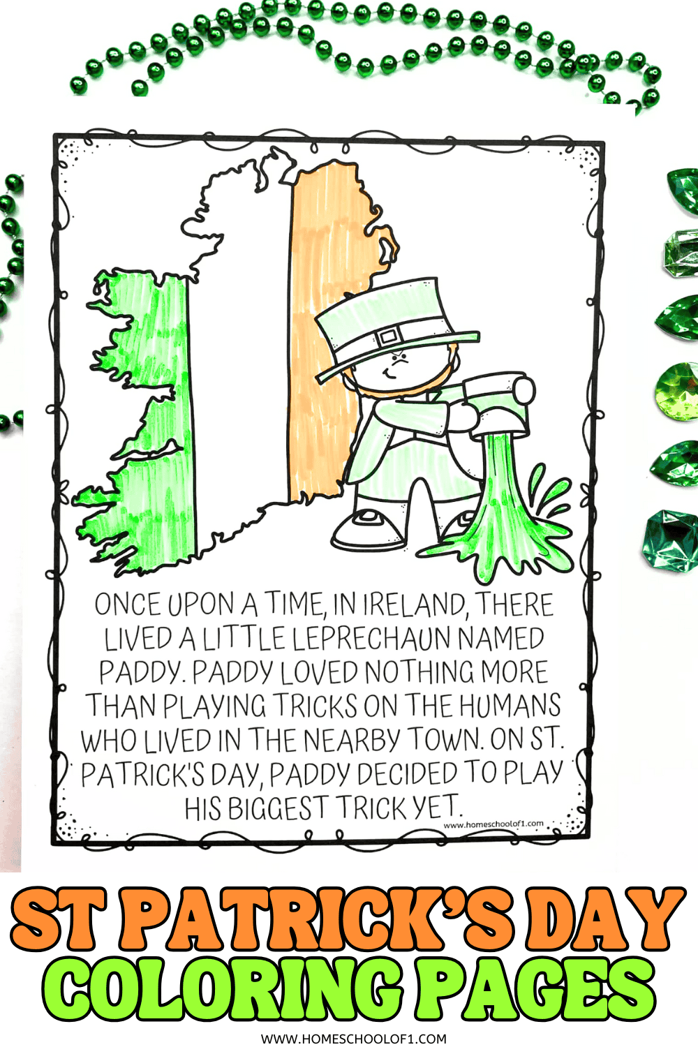 St Patrick’s Day coloring page showing a leprechaun pouring green paint in front of an Ireland map with a short story to read and color.