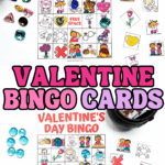 Valentineโs Day bingo card with picture squares, free space, and calling card images, shown with markers for kidsโ bingo game.