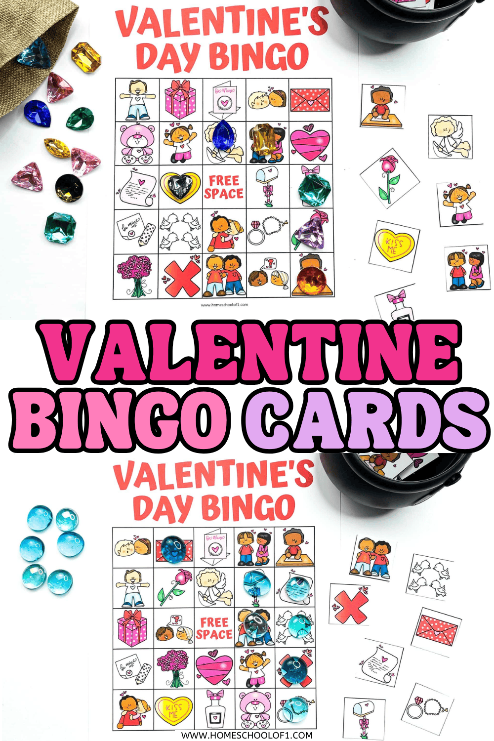 Valentineโs Day bingo card with picture squares, free space, and calling card images, shown with markers for kidsโ bingo game.