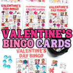 Free printable Valentine bingo cards with colorful picture boards and matching calling cards for kidsโ Valentineโs Day games.