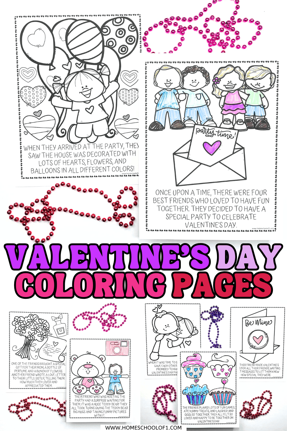 Valentineโs Day coloring pages storybook featuring kids at a Valentine party, hearts, balloons, cupcakes, teddy bear, cards, and friendship scenes.