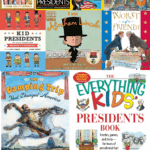 Collage of children's books about U.S. presidents, including titles like The Presidents Visual Encyclopedia, Our Country’s Presidents, Weird But True! U.S. Presidents, I Am Abraham Lincoln, Kid Presidents, and more, designed to teach kids about American history in a fun, visual way.