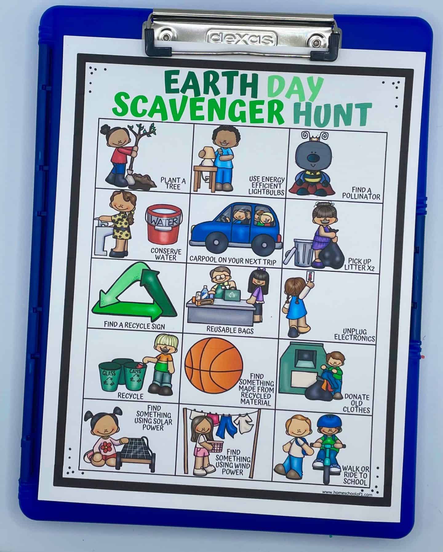 earth day scavenger hunt on a blue storage clipboard