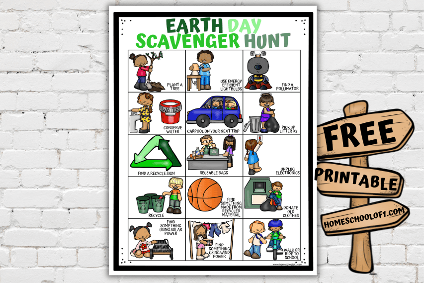 free earth day scavenger hunt printable featuring 15 ideas for kids to be more enviornmentally friendly.