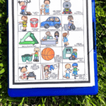 Earth Day scavenger hunt on a blue storage clipboard on the grass. With images of kids recyclying, riding bikes, turning off lights and more. Under are the wrods in green yellow and blue, fun earth day scavenger hunt.