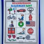 neighborhood scavenger hunt on blue clipboard