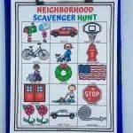 neighborhood scavenger hunt on blue clipboard