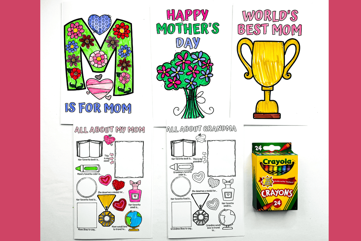 A set of printable Mother's Day cards and coloring sheets. The top row includes three colored cards: one with the letter "M" decorated with hearts and flowers reading “M is for Mom,” another with a bouquet and “Happy Mother’s Day,” and a third with a gold trophy and the words “World’s Best Mom.” The bottom row has two "All About My Mom" and "All About Grandma" worksheets with sections for drawings and answers, plus a box of Crayola crayons for coloring.