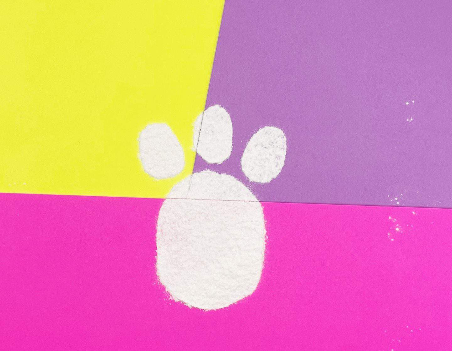 A white Easter bunny pawprint made from flour or baking soda is clearly visible on a vibrant background of yellow, purple, and pink paper. The footprint includes a large oval pad with three smaller oval toes above it, perfectly shaped using a stencil. This fun and festive craft creates the illusion that the Easter Bunny has hopped by.

