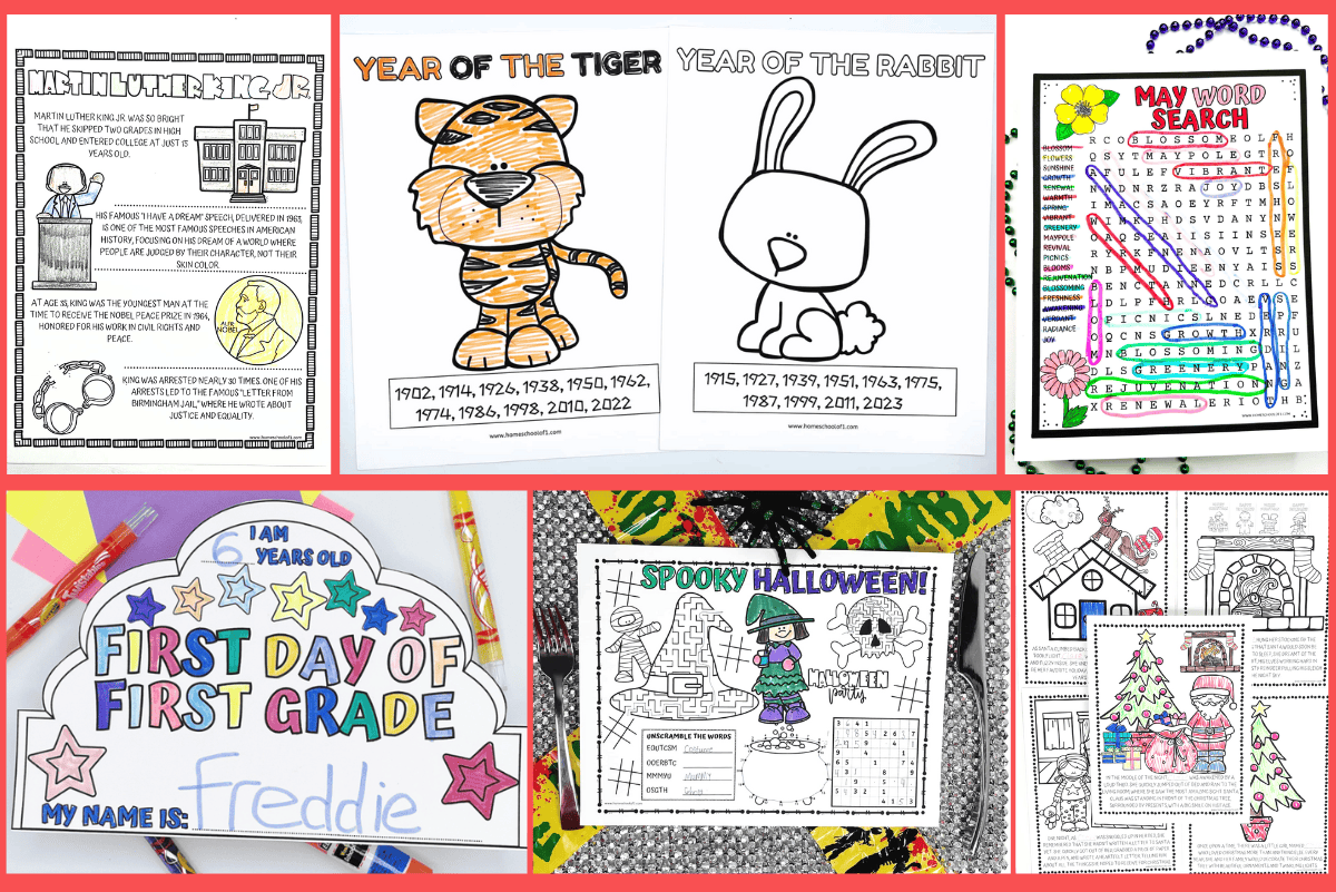 Collage of free holiday worksheets for kids, including Martin Luther King Jr. facts page, Chinese zodiac coloring pages, May word search, first day of school crown, Halloween activity sheet, and Christmas coloring pages.