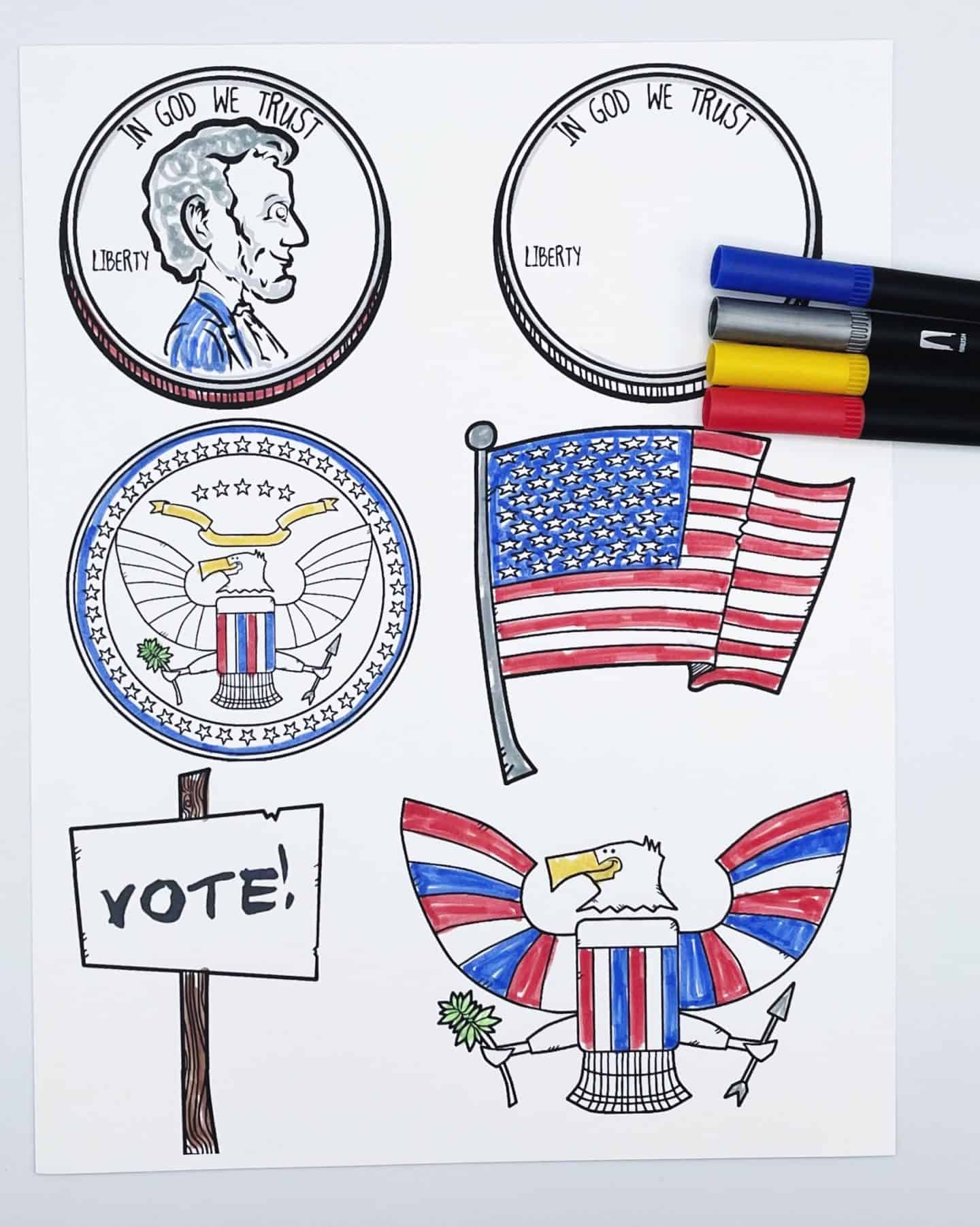 Coloring sheet with six patriotic images, including two coins labeled “In God We Trust” and “Liberty” (one featuring Abraham Lincoln), a U.S. flag, a “VOTE!” sign, a bald eagle with outstretched red, white, and blue wings, and the Great Seal of the United States. Some images are partially colored using red, blue, and yellow markers, which are placed on the right side of the page.