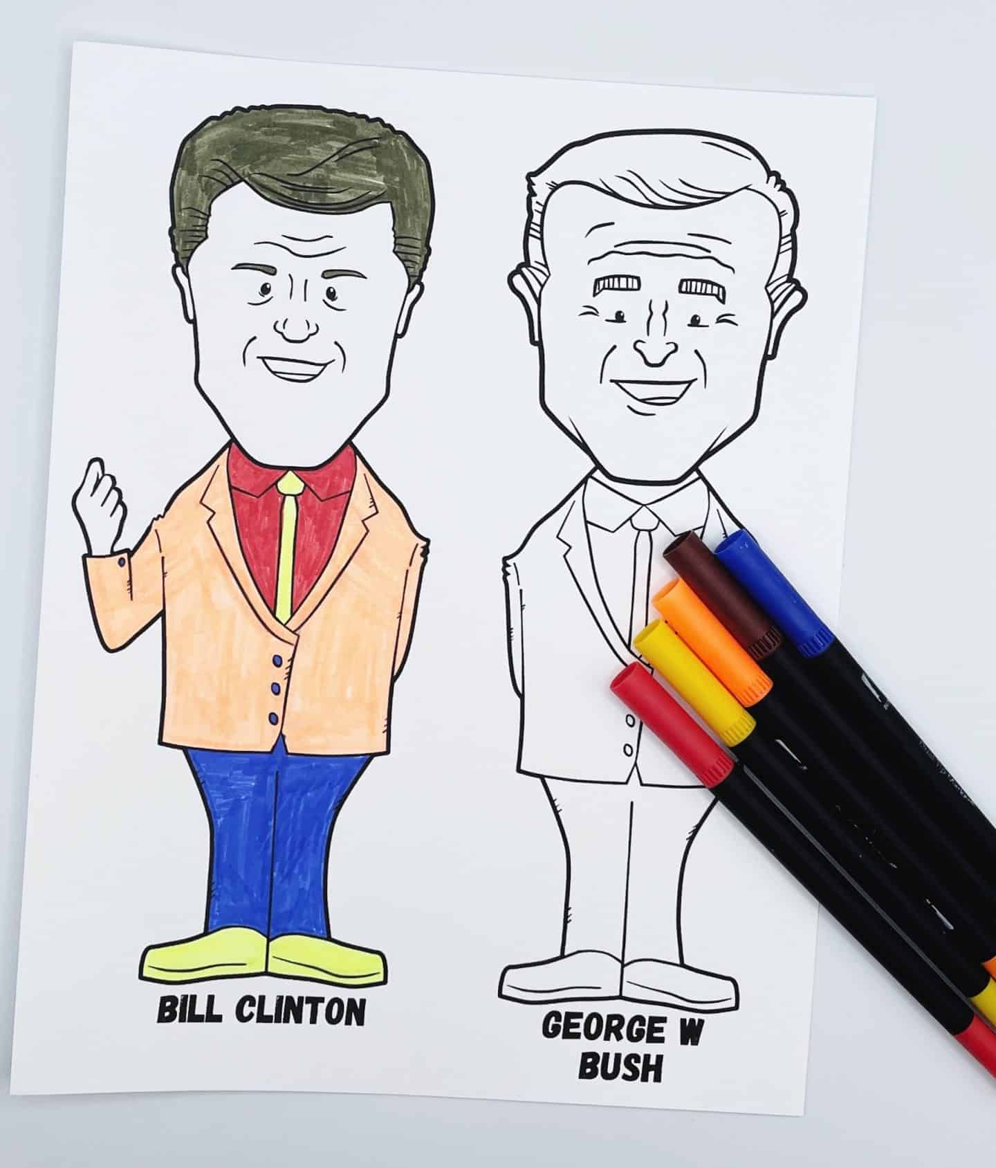 Cartoon-style coloring page of Bill Clinton and George W. Bush, with Clinton fully colored in shades of peach, red, yellow, blue, and green, while Bush remains uncolored. A row of five markers—brown, blue, orange, yellow, and red—is placed diagonally across the lower right of the page.

