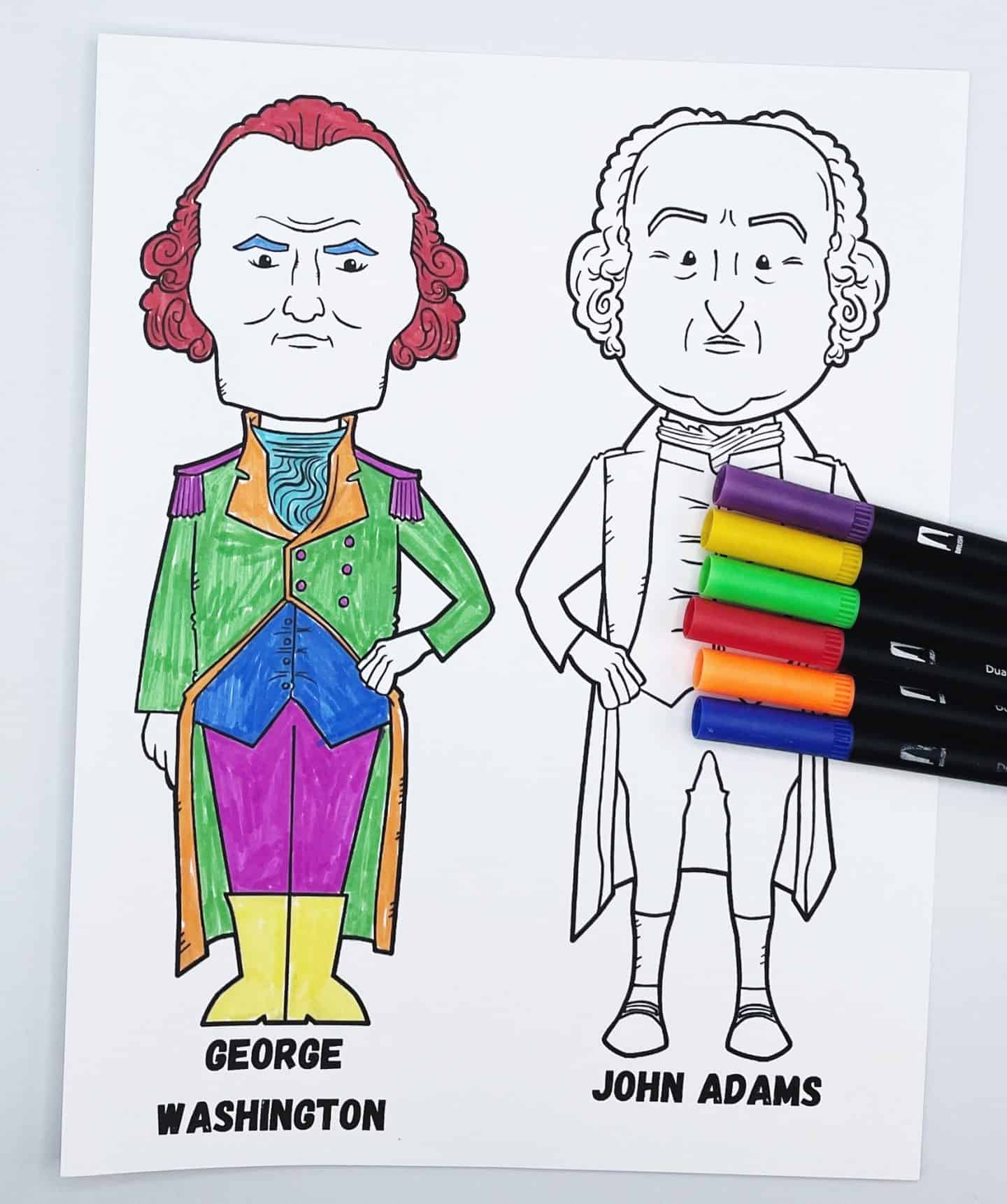 Coloring page featuring cartoon-style drawings of George Washington and John Adams, with Washington fully colored in vibrant shades of green, purple, yellow, orange, and blue, and Adams still uncolored. A set of five dual-tip markers in yellow, purple, green, red, and orange rests on the page beside John Adams' figure.
