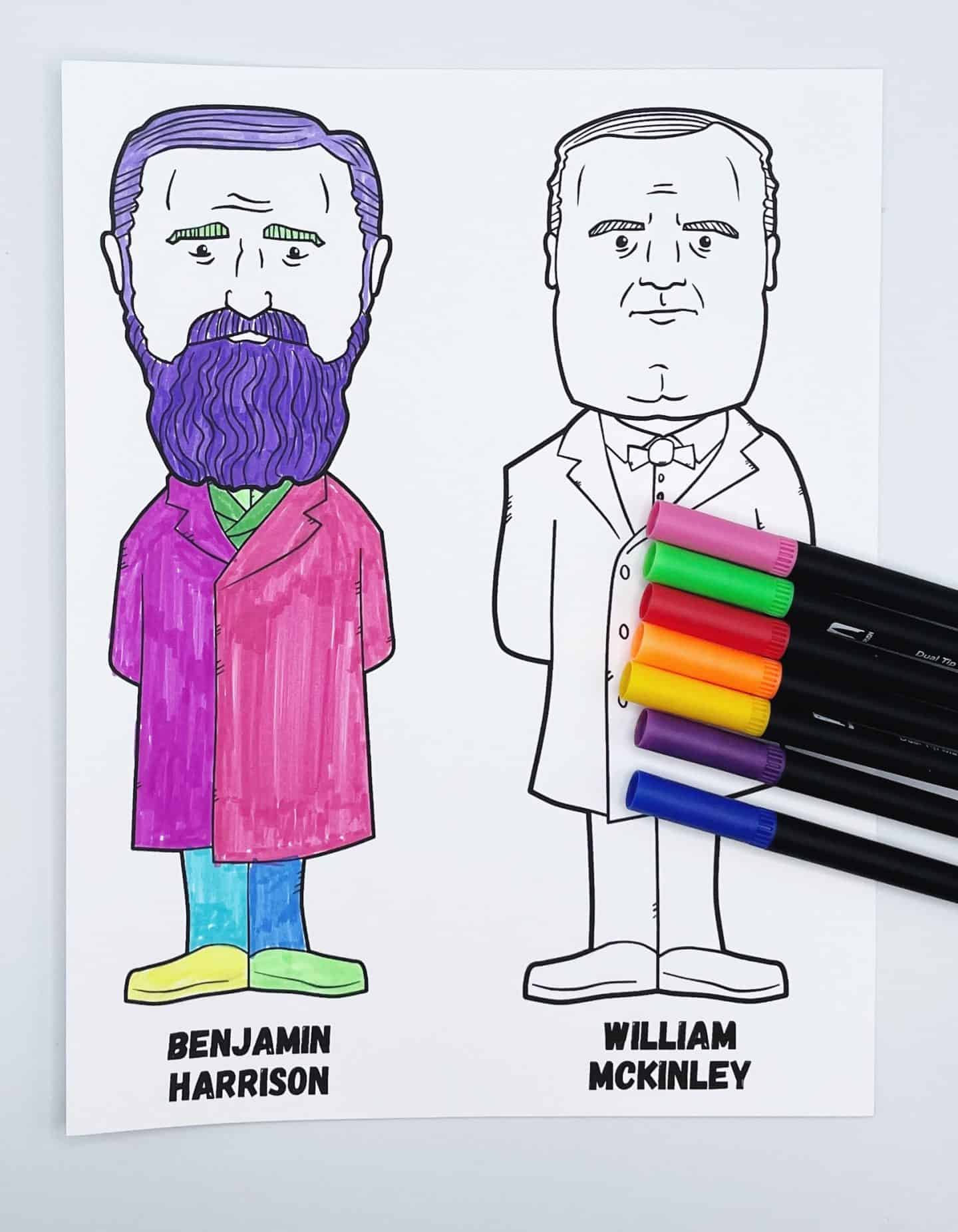 Coloring page with cartoon-style illustrations of Benjamin Harrison and William McKinley. Harrison is fully colored with a purple beard and hair, pink and red coat, turquoise pants, and mismatched green and yellow shoes, while McKinley remains uncolored. A group of five markers—pink, green, orange, purple, and blue—sits on the page beside McKinley's figure.

