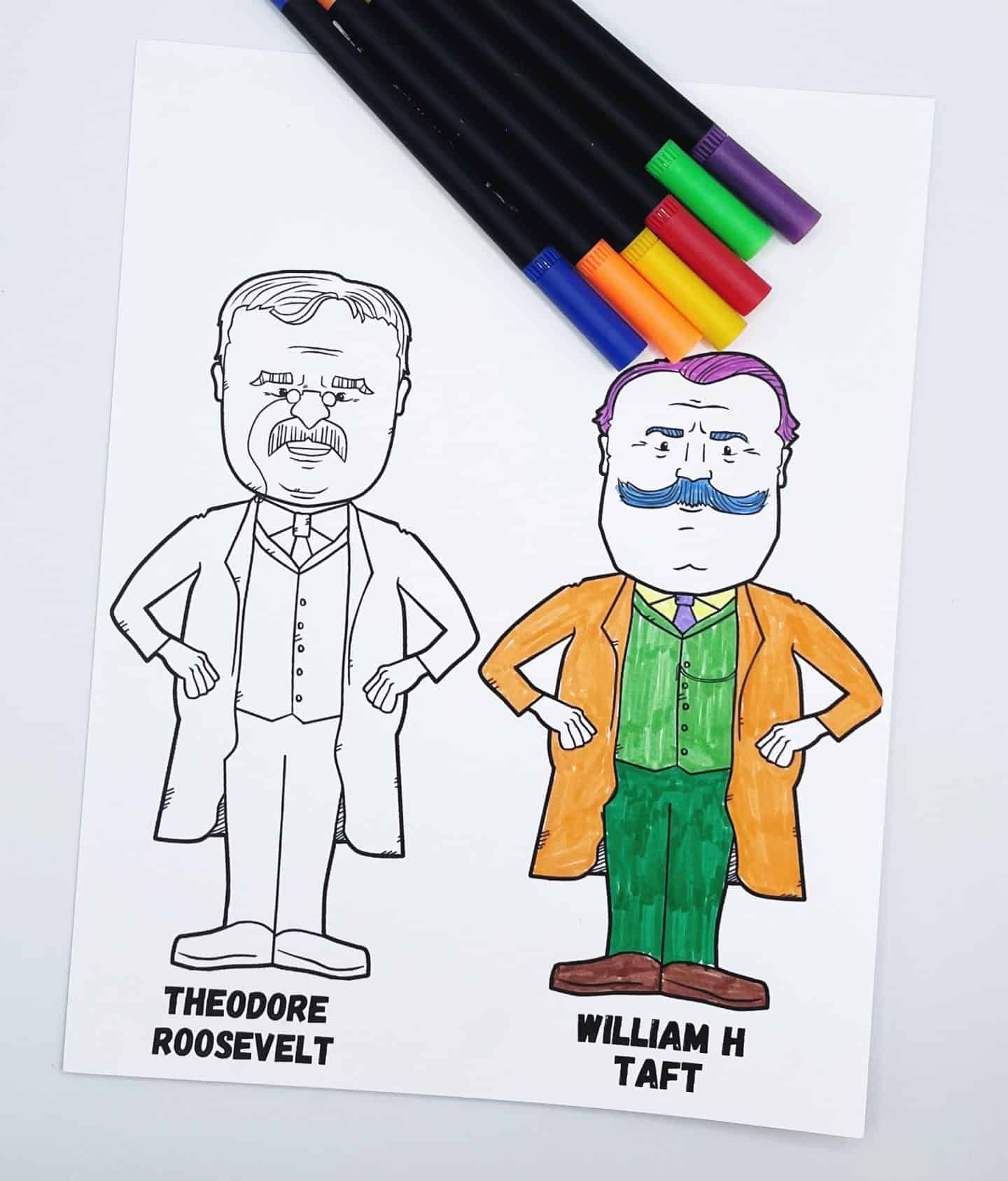 Cartoon-style President’s Day coloring page showing Theodore Roosevelt and William H. Taft, with Taft fully colored in orange, green, brown, purple, and blue, while Roosevelt remains uncolored. A set of six colorful markers—blue, orange, yellow, red, green, and purple—rests across the top of the page.

