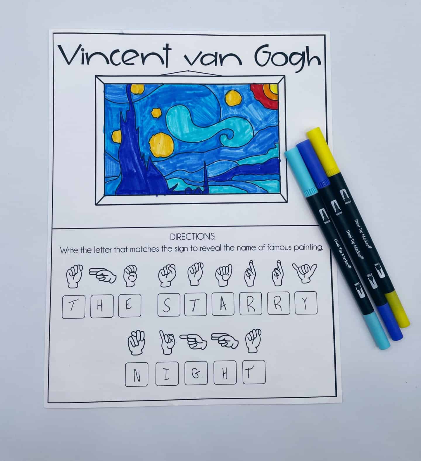 A printable ASL worksheet featuring Vincent van Gogh’s The Starry Night. The artwork is fully colored in bright blues and yellows. Below it, American Sign Language hand signs spell out “THE STARRY NIGHT” with corresponding letters written in boxes. Three dual-tip markers in blue, light blue, and yellow are placed to the right of the sheet.